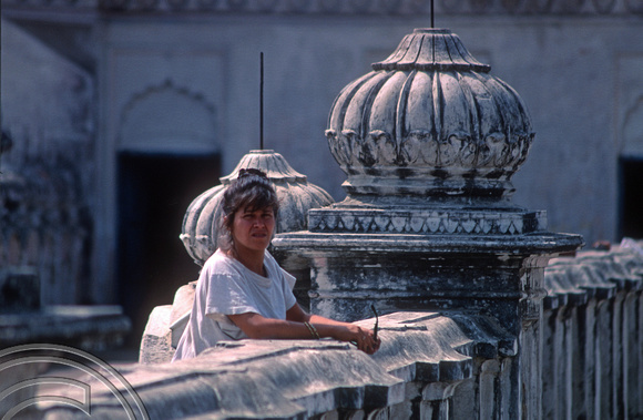 T03258. Sue at the Rama Temple. Janakpur. The Terai. Nepal. 9th March 1992