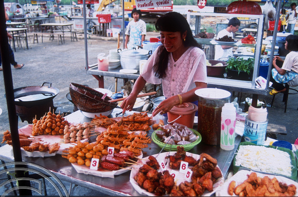 T03482. Hawkers stall at the pier. Krabi. Thailand.  29th April 1992