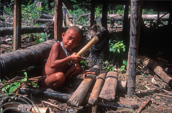 T03781. Boy playing a wooden xylophone. Siberut. Mentawai Islands. Indonesia. June 1992