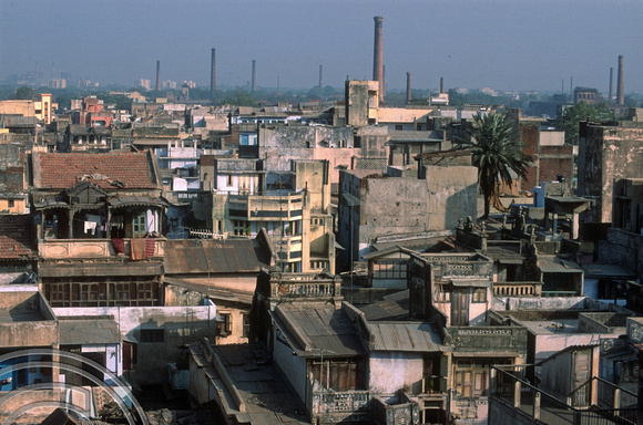 T03032. Roofs and chimneys. Ahmedabad. Gujarat. India. 12th November 1991
