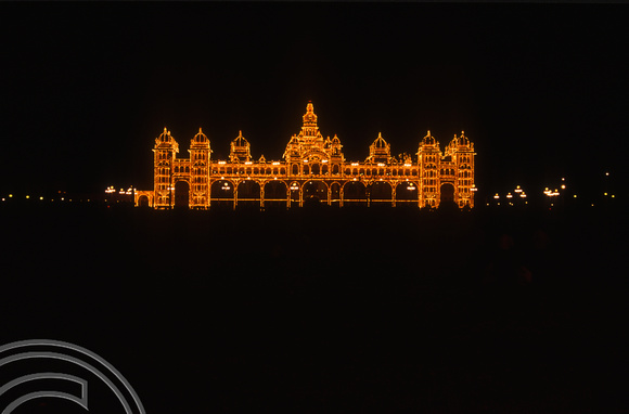 T03111. The Maharajas palace at night. Mysore. Karnataka. India. December 1991