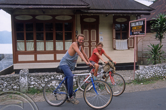 T03674. Helene and I after cycling 44km around the lake. Lake Maninjau. West Sumatra. Indonesia.  8th June 1992