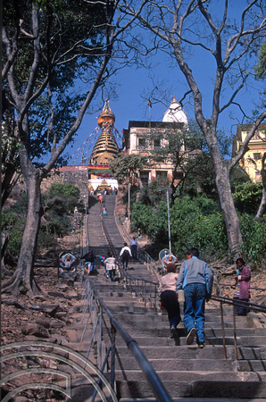 T03268. Climbing the steps to the Monkey Temple. Kathmandu. Nepal. 12th March 1992.