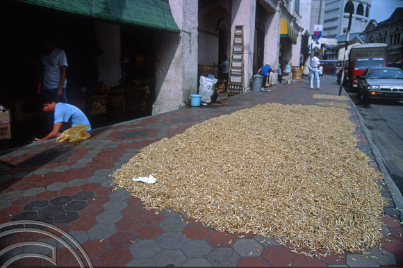 T04149. Drying fish on the pavement. Chinatown. Kuala Lumpur. Malaysia. 8th October 1992