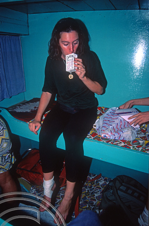 T03722. Jo in our cabin on the boat to Siberut. Padang. West Sumatra. Indonesia.  15th June 1992