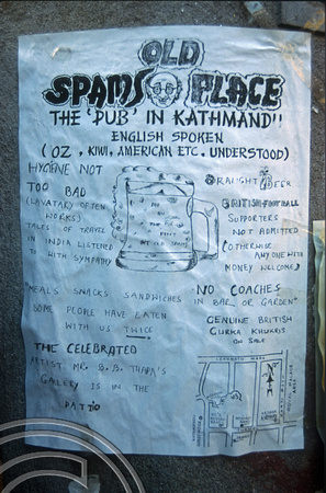 T03357. Poster for Old Spam's place. Kathmandu. Nepal. March 1992