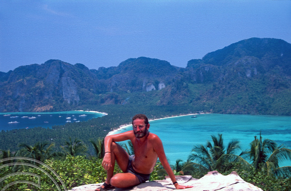 T03432. Me and the island from the viewpoint. Ko Phi Phi. Thailand.  20th April 1992