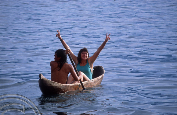 T03669. Sue in a canoe. Lake Maninjau. West Sumatra. Indonesia.  7th June 1992