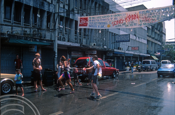 T03405. Songkran water festival. Khao San Rd. Bangkok. Thailand.  12th April 1992