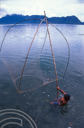T7633. Fishing with a Chinese style net. Lake Maninjau. Sumatra. Indonesia. August.1998