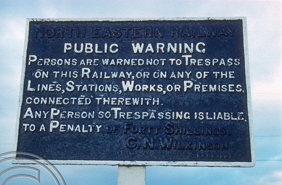 0305. NER Cast iron trespass sign. Morpeth. 23.12.1989