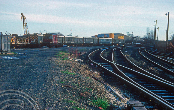 0304. Electrification train in the yard. Morpeth. 23.12.1989