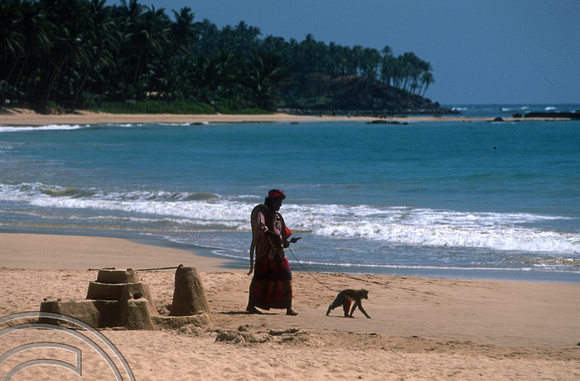 T15061. Snake charmer, monkey and sandcastle on the beach. Mirissa. Sri Lanka. 13.01.2002