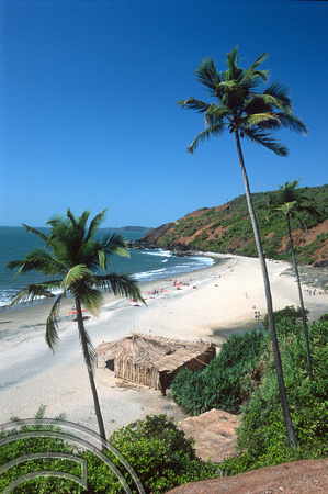 T9564. Palms and restaurant on the little beach. Arambol. Goa India. 06.02.2000