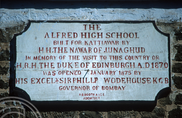T9678. Plaque. The Alfred High school. Alma Mater of Gandhi). Rajkot. Gujarat. India. 13.02.2000