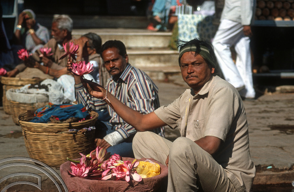 T9698. Selling Lotus flowers outside a Hindu temple. Ahmedabad. Gujarat. India. 15.02.2000