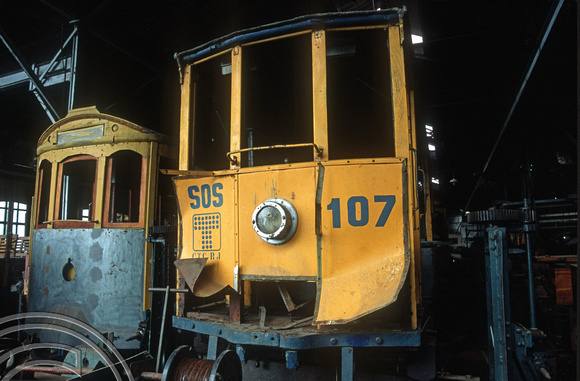 T13552. Trams under repair in the shed. Santa Teresa. Rio de Janeiro. Brazil. 8.8.2002