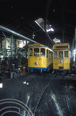 T13546. Trams under repair in the shed. Santa Teresa. Rio de Janeiro. Brazil. 8.8.2002
