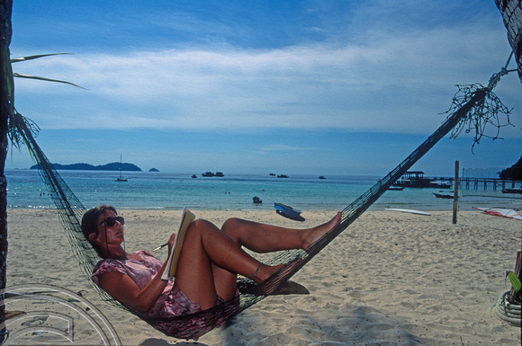 T7364. Lynn in a hammock. Tioman Island. Malaysia. June 1998