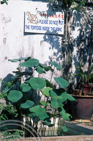 T7385. Odd sign in a Chinese Temple. Melaka. Malaysia. 1998
