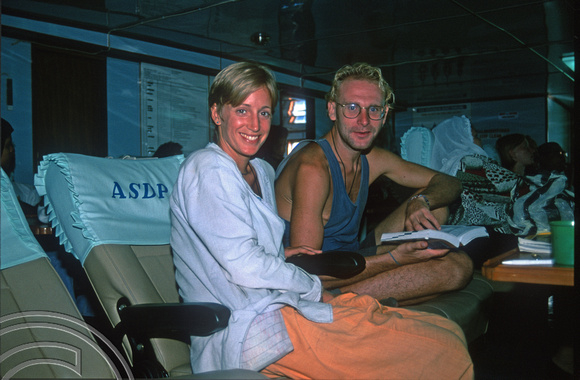 T7531. Emma and Jamie on the ferry to Aceh. Sumatra. Indonesia. 2nd August 1998