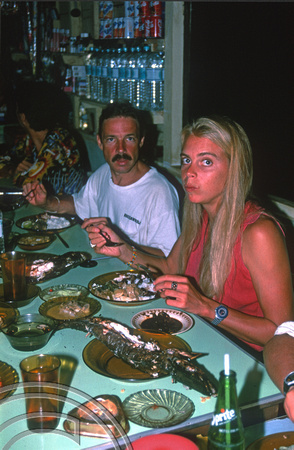 T7514. Night out for a meal. Jo and Paul. Pulau Weh. Aceh. Sumatra. Indonesia.  July 1998.