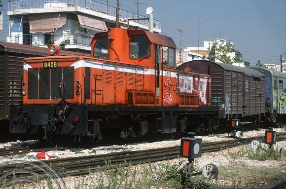 FR0687. Metre gauge Bo-Bo No 9406. Station pilot. Peleponnese station. Athens. Greece. 21.09.2001