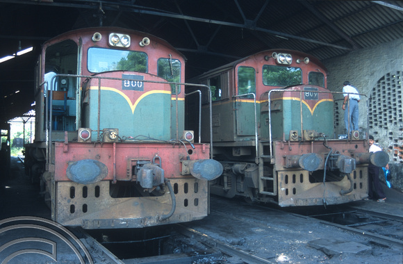 FR0986. M7s 800 and 809 (Brush 843 and 852 of 1981) On shed. Galle. Sri Lanka. 14.01.2003