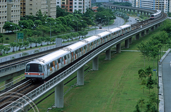 FR1111. MRT trains on elevated tracks. Admiralty MRT. Singapore. 09.09.2003