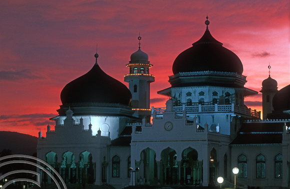 T7539. Baiturrahman Grand Mosque at sunset. Aceh. Sumatra. Indonesia. 3rd August 1998