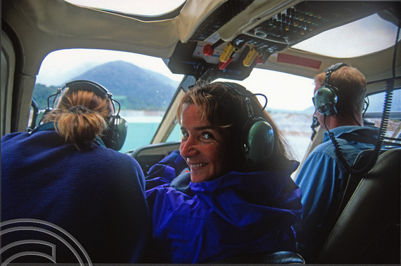 T8889. Lynn in the helicopter. Franz Josef Glacier. South Island. New Zealand. 20th February 1999