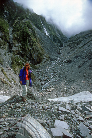 T8934. Lynn by the glacier. Franz Josef Glacier. South Island. New Zealand. 18th February 1999