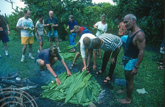 T9136. Placing food in the fire pit. Piri Purito's. Rarotonga. Cook Islands. March 1999