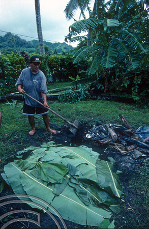 T9137. Covering the fire pit. Piri Purito's. Rarotonga. Cook Islands. March 1999