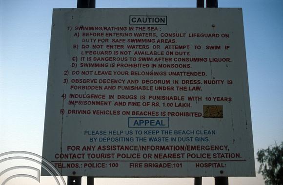 T9401. Warning to beach users. Vagator. Goa. India. 1st February 2000