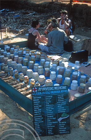T9415. Ayurvedic medicine stall. Anjuna flea market. Goa. India. 2nd February 2000