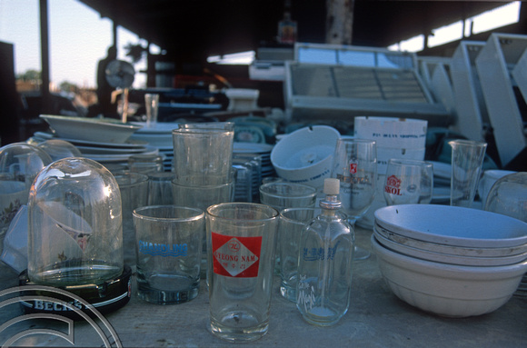 T9774. Crockery and glasses from broken-up ships. Alang. Gujarat. India. 18th February 2000