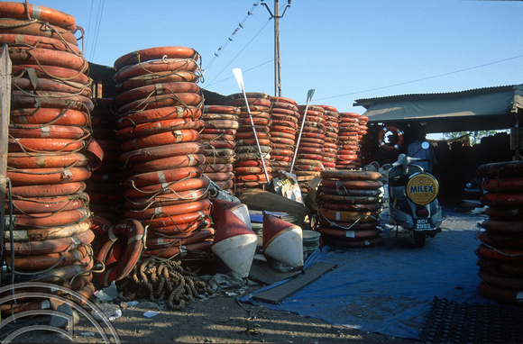 T9771. Lifebelts from broken-up ships. Alang. Gujarat. India. 18th February 2000