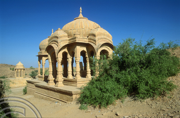T4295. View of ruined royal tombs. Bada Bagh. Jaisalmer. Rajasthan. India. December 1993