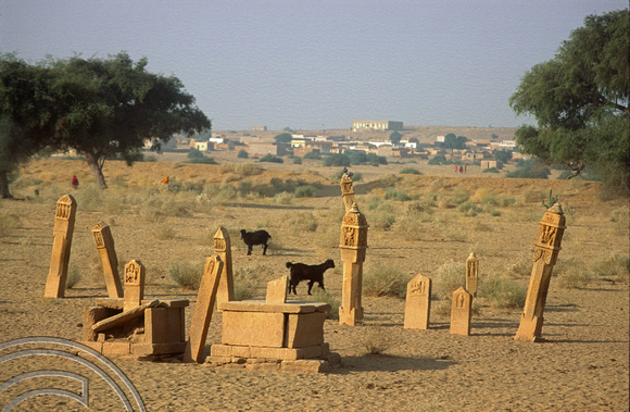T4363. Stone grabe markers. Thar desert. Rajasthan. India. December 1993.