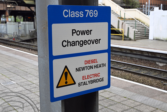 DG429026. Class 769 power changeover sign. Manchester Victoria. 29.9.2024.