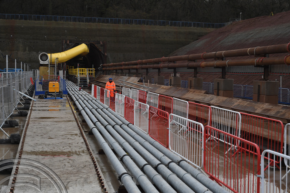 DG365713. Pipes feeding the TBM. HS2 Tunnel compound. Long Itchington. Warks. 15.2.2022.