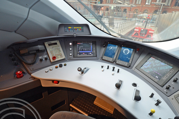 DG201185. Driver's desk. Eurostar e320 launch. St Pancras. 14.11.14.