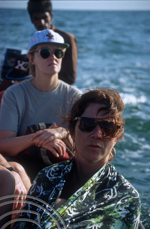 T5621. Lynn and Lynne. Anjuna to Arambol by boat. Goa. India. December 1995