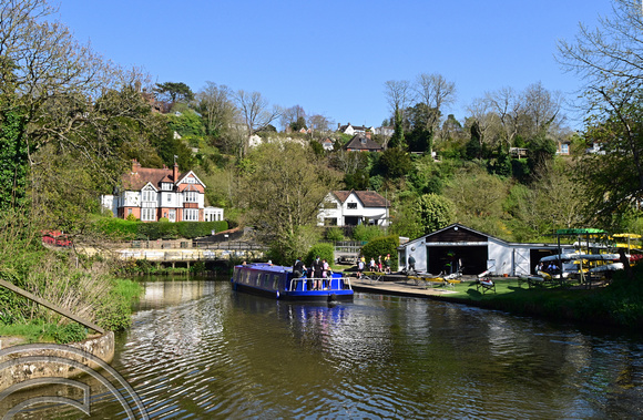 DG443820. Barge on the river Wey. Guildford. Surrey. 7.4.2025.